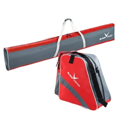 Abbildung von Black Crevice Skitasche Set I Kombi aus Skisack &amp; Skischuhtasche robuste Skitaschen 600D/PVC Ski mit Schultergurt Skibag: 190x13x30cm Skischuhe Tasche: 45x39x25cm (Rot/Grau)