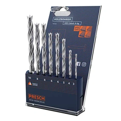 Abbildung von Presch Holzbohrer Set HSS Cobalt 8 tlg Hochwertige 5% cobaltlegierte Bohrer für Holz zum Bohren von allen Holzarten Langlebiges Profi Holzspiralbohrer Ø 3 10mm