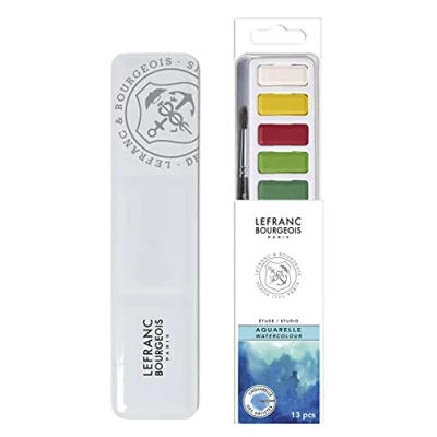Abbildung von Lefranc &amp; Bourgeois 301444 Aquarell Set mit 12 kräftigen Studio Aquarellfarben, hochwertige Wasserfarben ausgezeichneter Lichtechtheit, Transparenz, Brillanz Farben, 1 Rundpinsel Nr.8