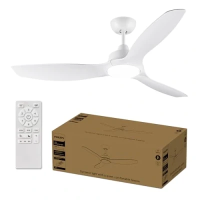 Abbildung von Philips Deckenventilator mit festem Flügel, 3 groß (52&quot;), 28 W LED Licht, Gleichstrommotor, Farbtemperaturbereich (3000 K, 4300 6500 K) Dimmfunktion, inkl. Fernbedienung