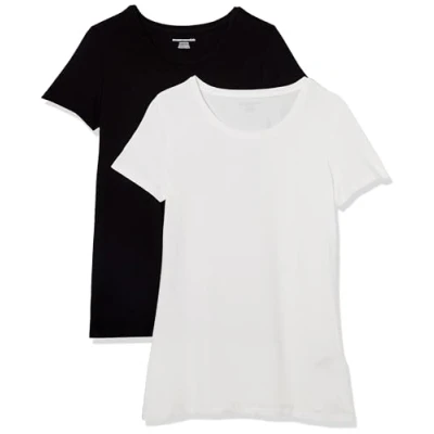 Abbildung von Amazon Essentials Damen Kurzärmeliges T Shirt mit Rundhalsausschnitt, Klassischer Schnitt, 2er Pack, Schwarz/Weiß, L