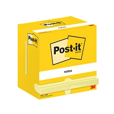 Abbildung von Post it Notizen Kanariengelb, liniert, Packung mit 12 Blöcken, 100 Blatt pro Block, 76 mm x 127 mm, Farbe: Gelb Selbstklebende Notizzettel für Notizen, To Do Listen und Erinnerungen