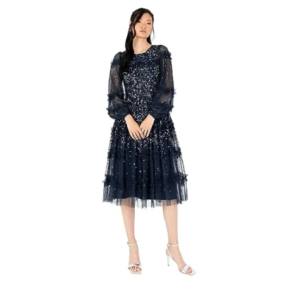 Abbildung von Maya Deluxe Women&#039;s Midi Dress Ladies Long Sleeve Sequin Embellished Ruffle for Wedding Guest Bridesmaid Occasion Evening Ball Gown, Navy, 50