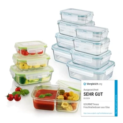 Abbildung von GOURMETmaxx Glas Frischhaltedosen Klick it 12er Set Als Brotdose oder für Meal Prep Spülmaschinen Mikrowellen und Gefrierschrankgeeignet Aufbewahrungsbox mit Deckel