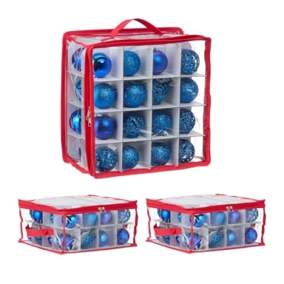 Abbildung von Relaxdays Weihnachtskugel Aufbewahrungsbox, 3er Set, je 32 Fächer, HxBxT: 16 x cm, Kugel Box, transparent/rot