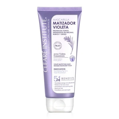 Abbildung von Clearé Institute Violett Mattierende Maske Neutralisiert unerwünschte Töne speziellfür Strähnchen, Blondinen und Graue 96,6% natürliche Inhaltsstoffe 200ml