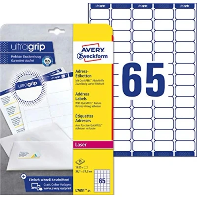Abbildung von AVERY Zweckform L7651 25 Adressetiketten/Adressaufkleber (1.625 Etiketten mit ultragrip, 38,1x21,2mm auf A4, bedruckbar, selbstklebend, für Absenderetiketten, Papier matt) Blatt, weiß