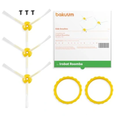 Abbildung von BAKUUM Packung mit 3 Seitenbürsten, Schrauben, für iRobot Roomba Series 500, 600 und 700, ultra langlebige Borsten.