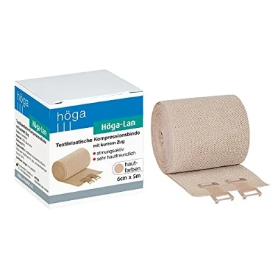 Abbildung von Höga Lan, Textilelastische Kompressionsbinde mit kurzem Zug 6 cm x 5 m gedehnt sehr hautfreundlich, atmungsaktiv, elastisch, waschbar