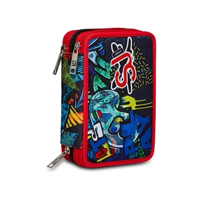 Abbildung von SJ Gang Federmäppchen, Mäppchen, mehrfarbig, Federtasche für Schreibwaren, Etui mit Stiften, Kugelschreiber, &amp; mehr, 3 Fächer, Mädchen Jungen, Schule Grundschule, XXL, rot blau