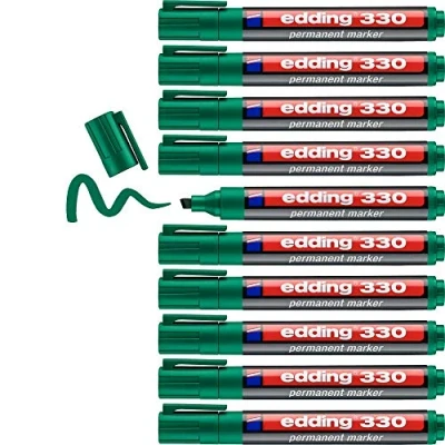 Abbildung von edding 330 Permanentmarker grün 10 Stifte Keil Spitze 1 5 mm wasserfest, schnell trocknend wischfest für Karton, Kunststoff, Glas, Holz, Metall, Glas