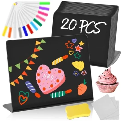 Abbildung von WuGU Kreidetafel Klein Set, 20 Stück Kleine Tafeln Zum Beschriften mit 12 Tafelstifte Abwischbar,Nachrichtenschilder,Tischkarten für Buffet, Hochzeit, Party, Preisschilder, Café 7.5 x 10cm