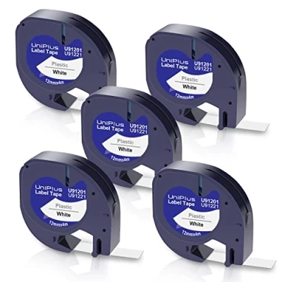 Abbildung von UniPlus 5x Kompatible Etiketten für Dymo Letratag Etikettenband 12mm x 4m Kunststoff Schriftband LT 100H 110T 100T XR 200B Schwarz auf Weiß