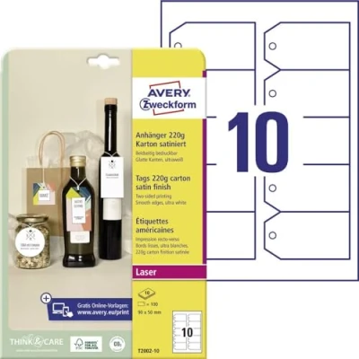 Abbildung von AVERY Zweckform T2002 10 stabile Anhänger 100 Stück inkl. Schnüre (90x50mm auf A4, beidseitig bedruckbare Produktanhänger, extra glatte Kanten, Geschenkanhänger, Preisanhänger) Karton 220g, weiß