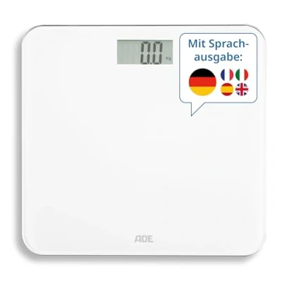 Abbildung von ADE Sprechende Personenwaage digital Deutsch bis 250kg Körperwaage mit Sprachausgabe in 5 Sprachen sehr großes Display ideal für Blinde, Sehbehinderte und Senioren