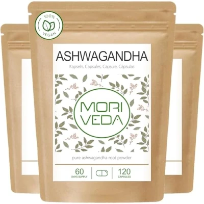 Abbildung von Ashwagandha Kapseln 1200mg 100% Wurzelpulver 180 Tage Vorrat Die Schlafbeere für Balance, Lebensqualität &amp; innere Ruhe aus Indien Vegan Glutenfrei von MoriVeda 360 Stück