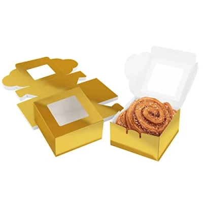 Abbildung von Belle Vous Geschenkboxen Pappe Gold Karton mit Sichtfenster für Gebäck (50Stk) 10,16x 5,7cm Boxen Kuchen Box Cupcake Geschenkbox Einweg Kekse, Kuchen, Dessert, Geschenk