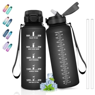 Abbildung von Trinkflasche 1 5 liter, Sport mit Zeitmarkierung, Strohhalm, Leicht zu Reinigen, für Kohlensäurehaltige Getränke, Auslaufsicher, Wandern, Yoga, Schwarz