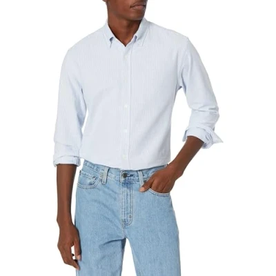 Abbildung von Amazon Essentials Herren Langärmliges Oxford Hemd mit normaler Passform, Blau Streifen, XS