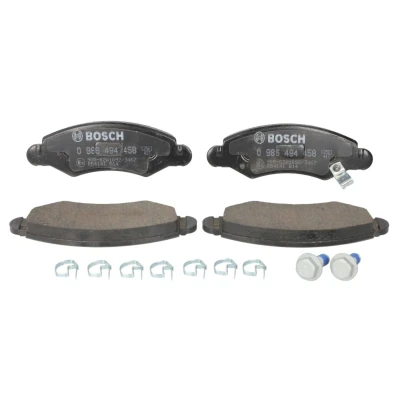Abbildung von BOSCH 0 986 494 458 Bremsbelagsatz Low Metallic mit akustischer Verschleißwarnung Montageanleitung, Anti Quietsch Blech, Schrauben