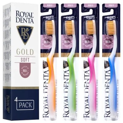 Abbildung von Royal Denta Gold Zahnbürsten mit weichen Borsten 4er Pack Doppellänge für effektive Interdentalreinigung, Goldpartikel gegen Bakterien, Weiche Bürste empfindliche Zähne, Mehrfarbig