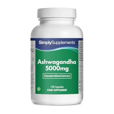 Abbildung von Ashwagandha Extrakt 5000mg 120 Kapseln geeignet für Veganer Versorgung 2 Monate SimplySupplements