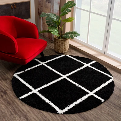 Abbildung von SANAT Madrid Shaggy Teppich Rund Hochflor Teppiche für Wohnzimmer, Schlafzimmer, Küche Schwarz, Größe: 80 cm