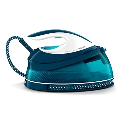Abbildung von Philips Perfect Care Compact Dampfbügelstation OptimalTemp Technologie, 120 g/min Dauerdampf, 2400 Watt, 6,5 bar Druck, 1,5 L Wassertank, SteamGlide Bügelsohle, Blau (GC7844/20)