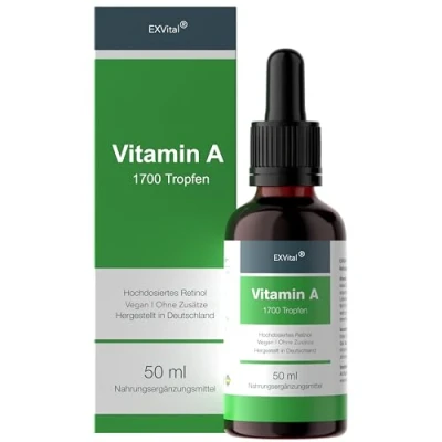 Abbildung von Vitamin A Tropfen von EXVital 5000 I.E (1500 µg) pro Tagesdosis, 50 Ml= 1700 Tropfen, laborgeprüft, hochdosiertes Retinol Vegan flüssig Liquid