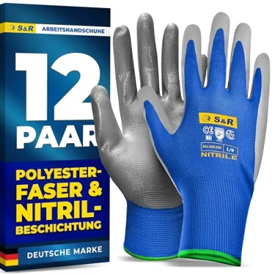 Abbildung von S&amp;R Schutzhandschuhe 12 Paar mit Polyester Futter und Nitrilbeschichtung in L/9, Anti Rutsch Nitril Arbeitshandschuhe für Montage, Bauen, Restauration