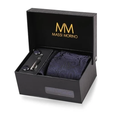 Abbildung von Massi Morino Krawatte Paisley Dunkelblau mit Einstecktuch Set Herren inkl. Manschettenknöpfe, Krawattennadel und Geschenkbox Männer Krawattenset