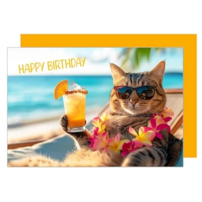Abbildung von Edition Seidel Premium Geburtstagskarte mit Umschlag. Glückwunschkarte Tier Karte Billet Geburtstag Happy Birthday Mann Frau Coole Katze Urlaub Sonne Meer Cocktail Humor (G3521 SW024)