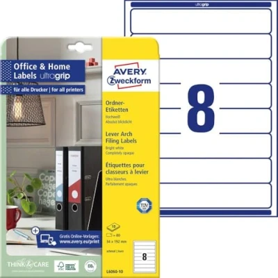 Abbildung von AVERY Zweckform L6060 10 Ordnerrücken Etiketten (80 Rückenschilder mit ultragrip, 34x192mm auf A4, schmal/kurz, selbstklebend, absolut blickdicht, bedruckbare Ordneretiketten) Blatt, weiß