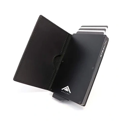 Abbildung von Stealth Wallet RFID Kartenportmonai Herren Minimalistische Pop Up Portemonnaies mit Geschenkbox Leichte Metall Kreditkartenhalter für Männer (Schwarzes Aluminium, Schwarzes Crazy Horse Leder)