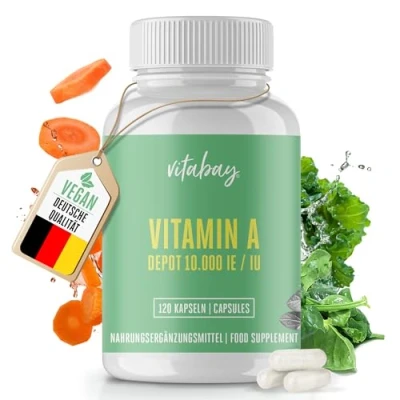 Abbildung von Vitabay Vitamin A Hochdosiert Kapseln 120 Vegane Retinol 10000 IE Vitamine für Augen, Haut &amp; Immunsystem Vit Vegan Laborgeprüft