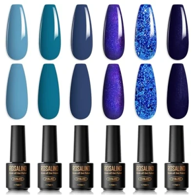 Abbildung von ROSALIND UV Nagellack Blau,6 Farben Mini Himmelblauer unkelblau Ozean Kobaltblau Marineblau Dunkelblau Glitzer Sommer Frühling Gelnägel Shellac Soak Off LED Gel lack Nail Polish