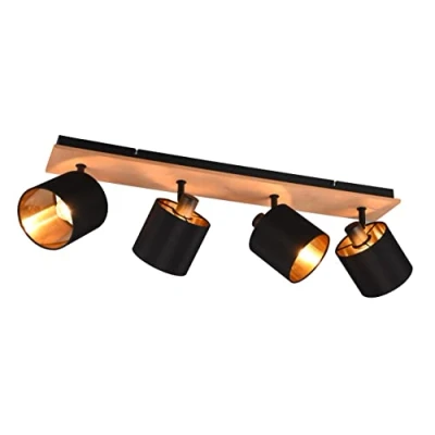 Abbildung von Reality Leuchten Strahler Tommy R81334030, Metall Schwarz matt, Holzdekor, Stoffschirm schwarz, exkl. 4xE14