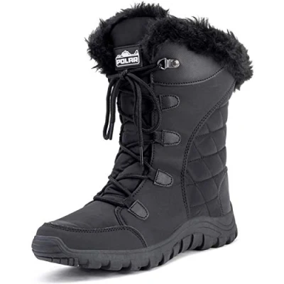 Abbildung von Polar Damen Quilted Schnüren Schwarz Im Freien Pelz Gefüttert Cuff Schnee Regen Ente Stiefel BLK39 AYC0129