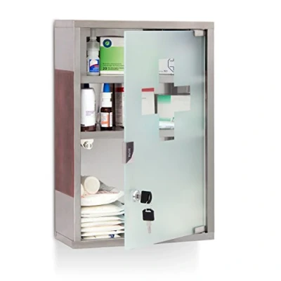 Abbildung von Relaxdays Medizinschrank EMERGENCY Edelstahl und Holz Optik XL HBT: 45 x 30 12 cm mit 3 Fächern Glas Tür zum Abschließen inkl. 2 Schlüsseln für Erste Hilfe moderner Stil fürs Bad, silber / braun