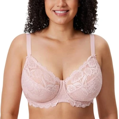 Abbildung von DELIMIRA Damen Vollschalen BH ungefütterte Spitze Tüll Cup,mit Bügel Nacktes Rosa 80C