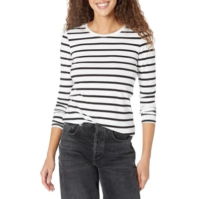 Abbildung von Amazon Essentials Damen Langärmeliges T Shirt mit Rundhalsausschnitt, Klassischer Schnitt (Erhältlich in Übergröße), Schwarz/Weiß Streifen, XS