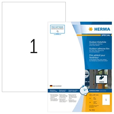 Abbildung von HERMA 9501 Wetterfeste Folienetiketten, 50 Blatt, 210 x 297 mm, 1 pro A4 Bogen, Stück, selbstklebend, bedruckbar, matt, blanko Outdoor Klebeetiketten Aufkleber aus Polyethylen, weiß
