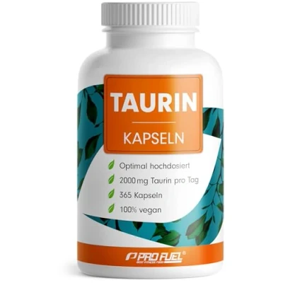 Abbildung von Taurin Kapseln 365x optimal hochdosiert mit 2000 mg pro Tag über 99,9% Reinheit ohne Zusatzstoffe laborgeprüft Zertifikat Vorrat 6 Monate