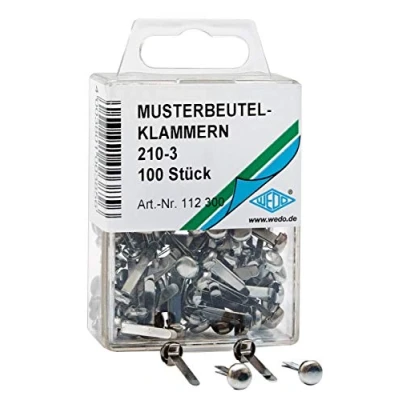 Abbildung von Wedo 112300 Musterbeutelklammern (Rundkopf 210 3 in SB Klarsichtdose) 100 stück, silber