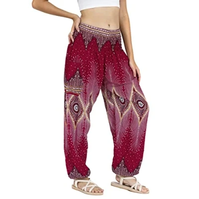 Abbildung von Lofbaz Damen Haremshose Yogahose Pumphose Hippie Hose Boho Kleidung Festival Outfit Sommerhose Leicht Sommer Hosen Floral 2 Burgund M