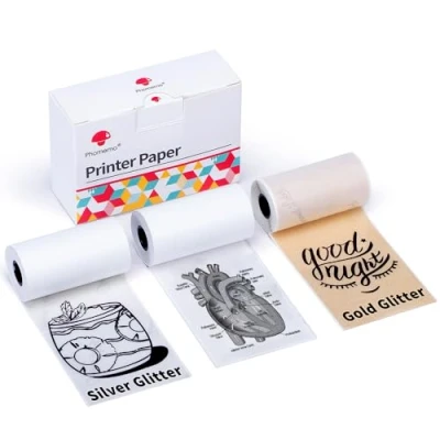 Abbildung von Phomemo M02/M02Pro/M02S/M03/M03AS/M04S/M04AS Mini Aufkleber Drucker Papier, Weiß/Silber Glitter/Golden Glitter Pocket Thermal Pinter Papier Selbstklebendes 3 Rollen