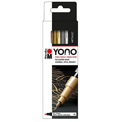 Abbildung von Marabu 1240000004001 YONO Marker Set Metall mit 4 Farben, vielseitige Acrylstifte, feine, japanische Rundspitze 0,5 1,5 mm, wasserbasiert, lichtecht und wasserfest, für nahezu alle Untergründe