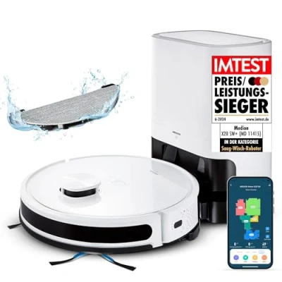 Abbildung von MEDION Saugroboter mit Absaugstation und Wischfunktion X20 SW+ (Lasernavigation, Starke 3000Pa Saugkraft, 2in1 Roboterstaubsauger, präzise Kartenerstellung, Go &amp; No Bereiche, mehrere Etagen)