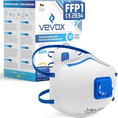 Abbildung von VEVOX® FFP1 Atemschutzmasken Im 10er Set mit Komfort Plus Abdichtung Staubschutzmaske Ventil Für den zuverlässigsten Schutz