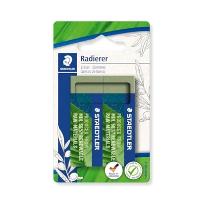 Abbildung von STAEDTLER Radierer, Radiergummi aus bis zu 56% natürlichem und nachwachsendem Anteil, phthalat latexfrei, Schiebemanschette, Größe 65x23x13 mm, 2 olivgrüne Radierer auf Blisterkarte, 526 80BK2